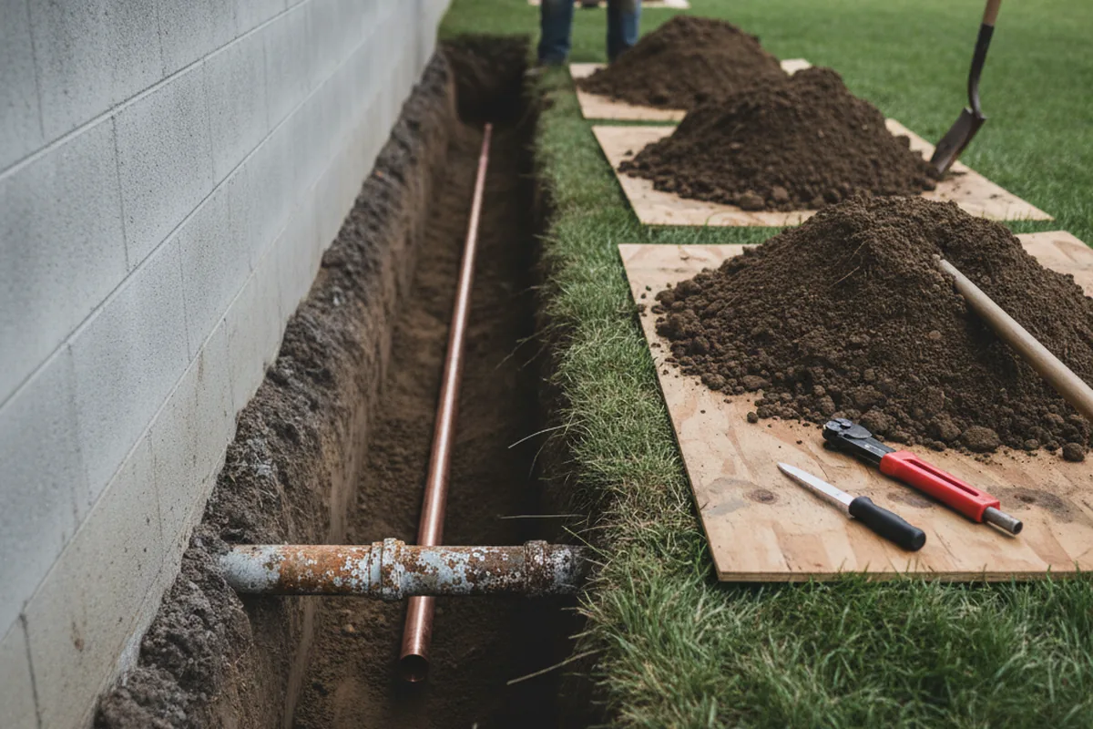 Excavated water line trench during Sewer Line Repair in Overpeck